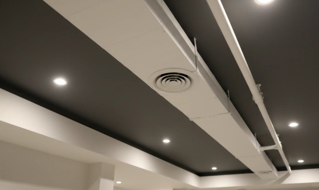 Système de ventilation et conduits VMC apparents au plafond d'un sous-sol rénové.
