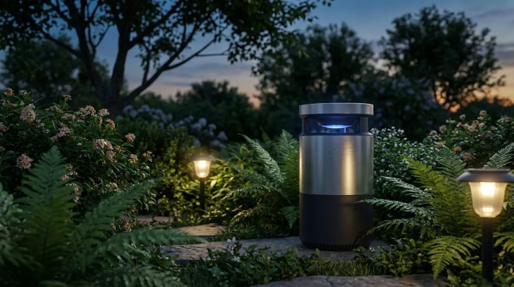 Piège à moustique Nomoz Pro installé dans un jardin au crépuscule