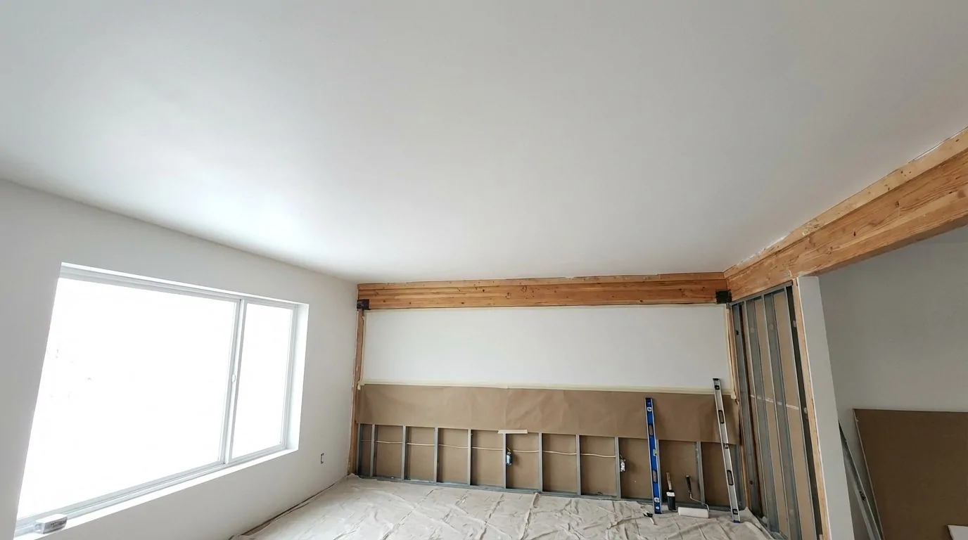 IMG_1-plafond-autoportant-m48-renovation Pièce en rénovation au plafond blanc lisse posé de mur à mur, ossature métallique et poutres bois apparentes en périphérie