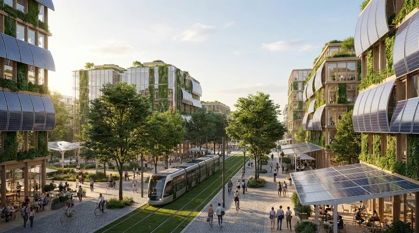 IMG_1-ville-futur-ecologique-quartier-durable Quartier urbain futuriste et écologique avec toits végétalisés et tramway