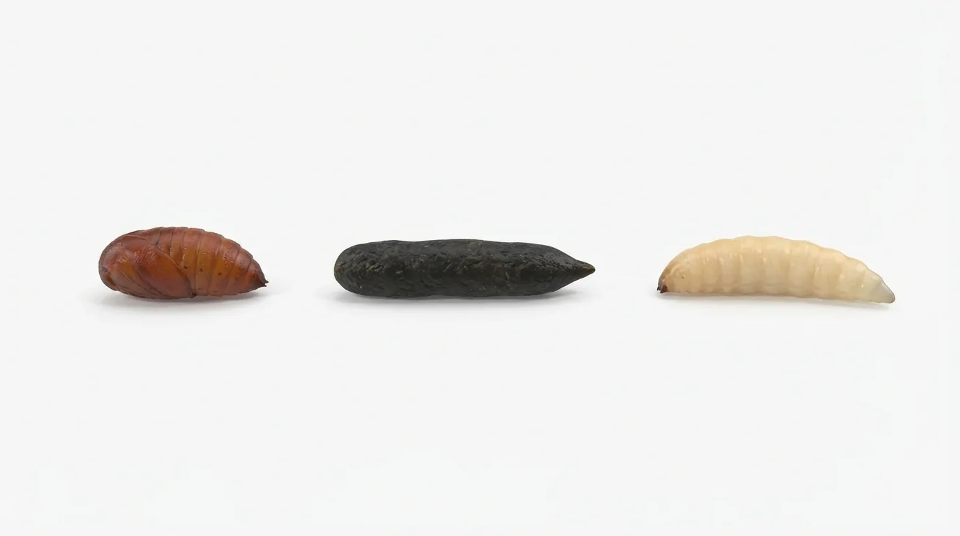 Schéma comparatif entre une pupe de mouche, un asticot et une crotte de souris