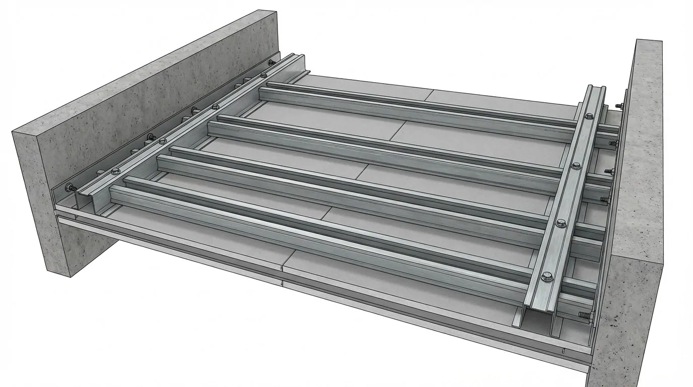 Vue 3D d'un plafond autoportant : montants métalliques posés entre deux rails fixés sur des murs en béton, sans suspente