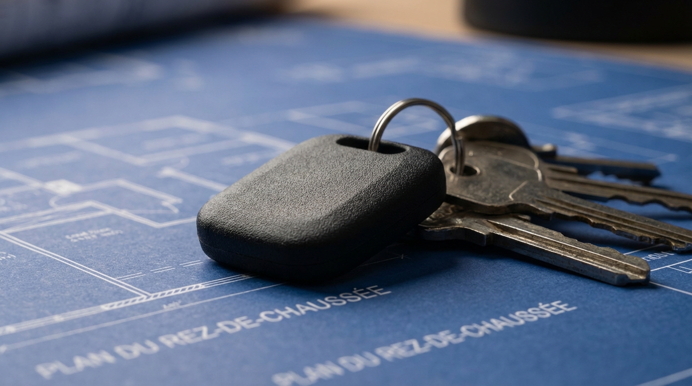 Traceur GPS compact attaché à un trousseau de clés sur des plans d'architecte