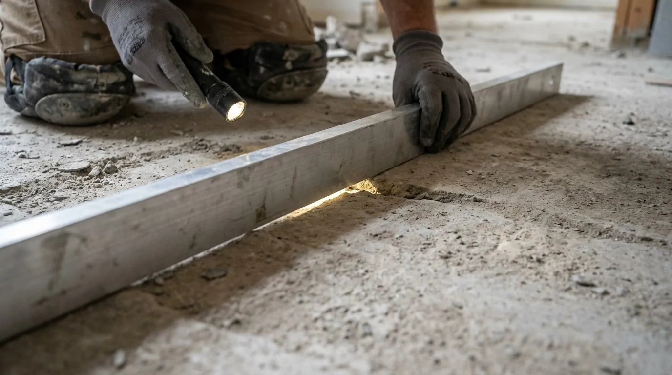 Vérification planéité sol avec règle de maçon avant pose parquet