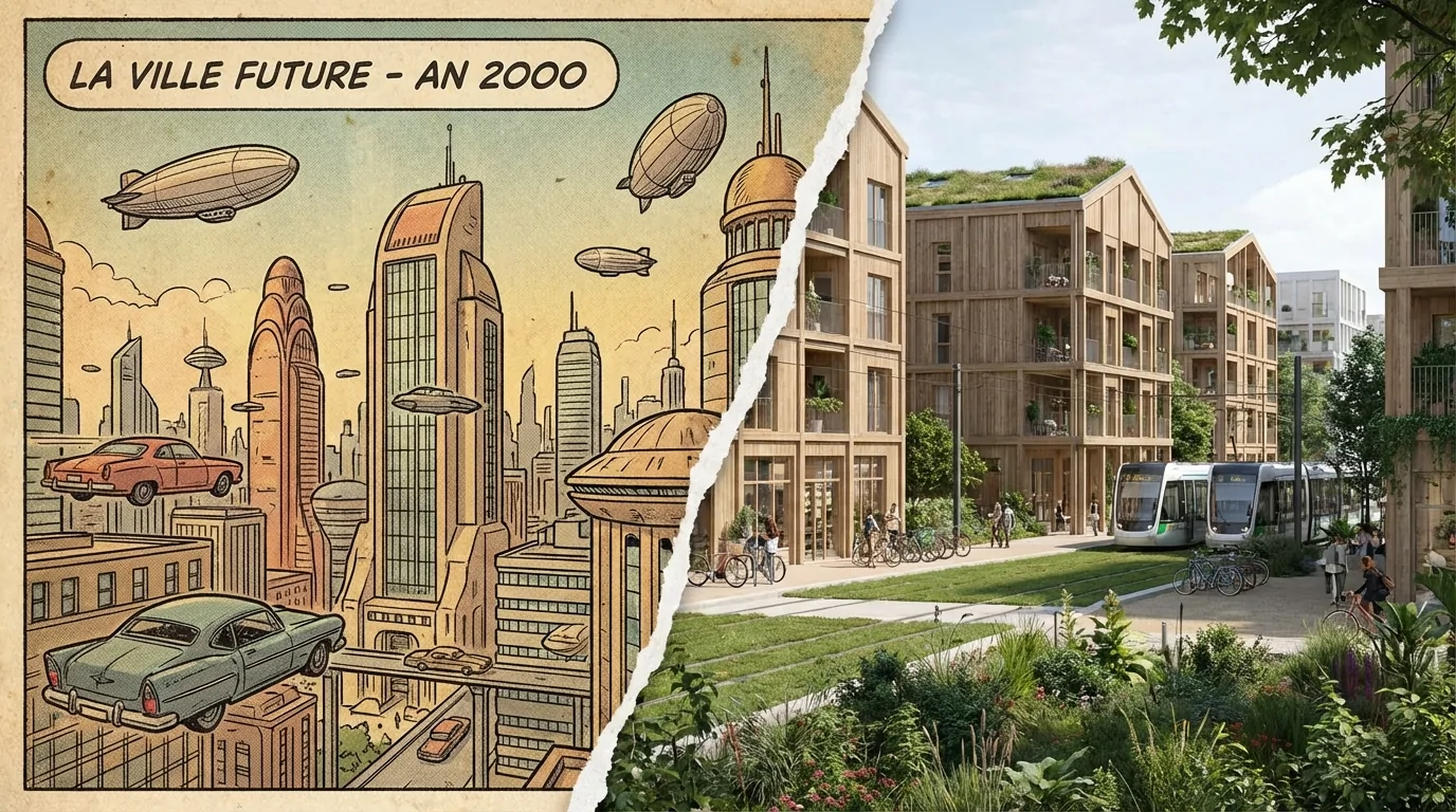 Case de BD rétro sur la ville de l'an 2000, dirigeables et voitures volantes, face à un écoquartier en bois avec tramway