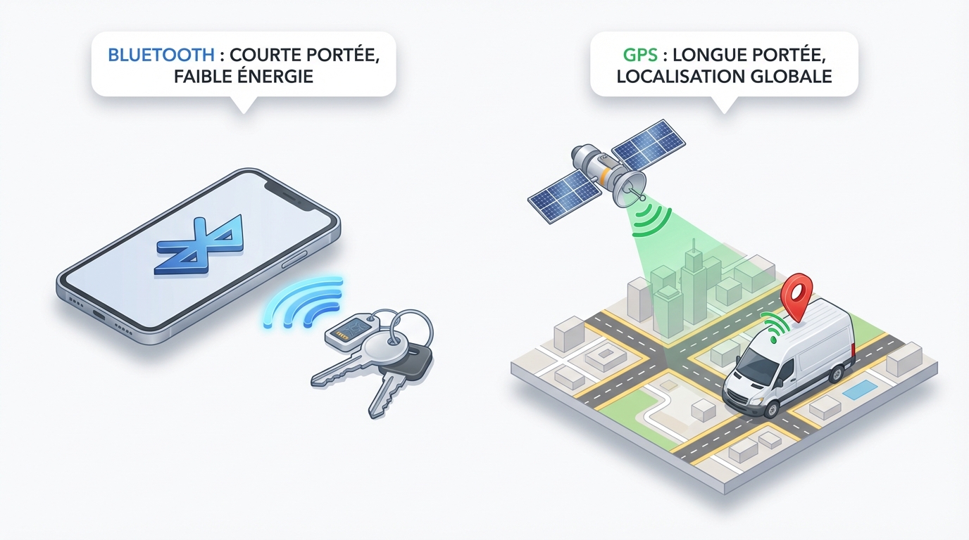 Illustration comparative fonctionnement bluetooth courte portée et GPS longue distance