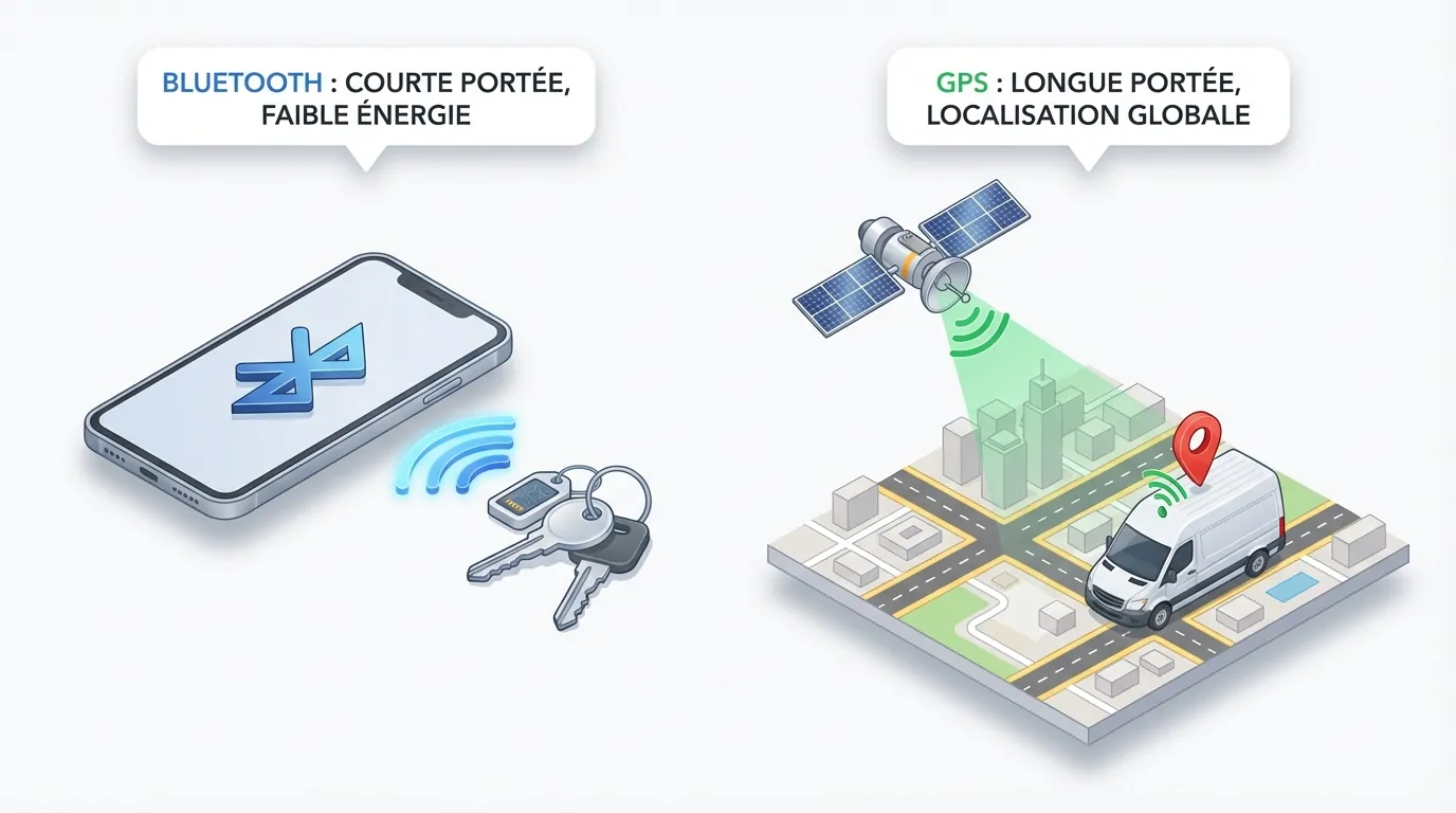 Schéma comparant le Bluetooth, courte portée entre téléphone et clés, au GPS qui localise un utilitaire par satellite