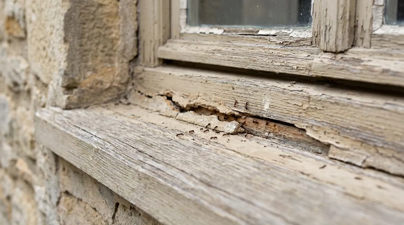 Fissure dans un joint de fenêtre laissant passer les insectes