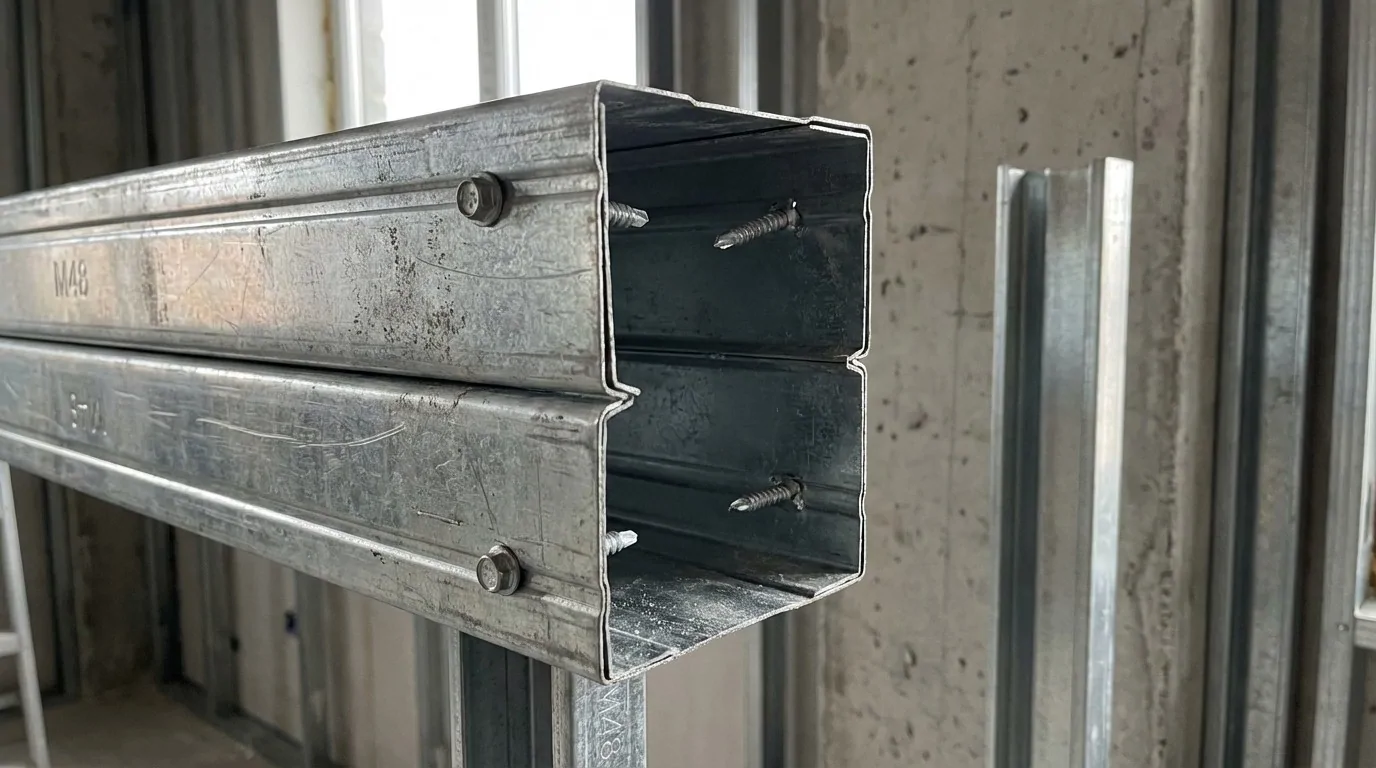 Deux montants métalliques M48 assemblés dos à dos par des vis, à côté d'un montant simple fixé contre un mur en béton