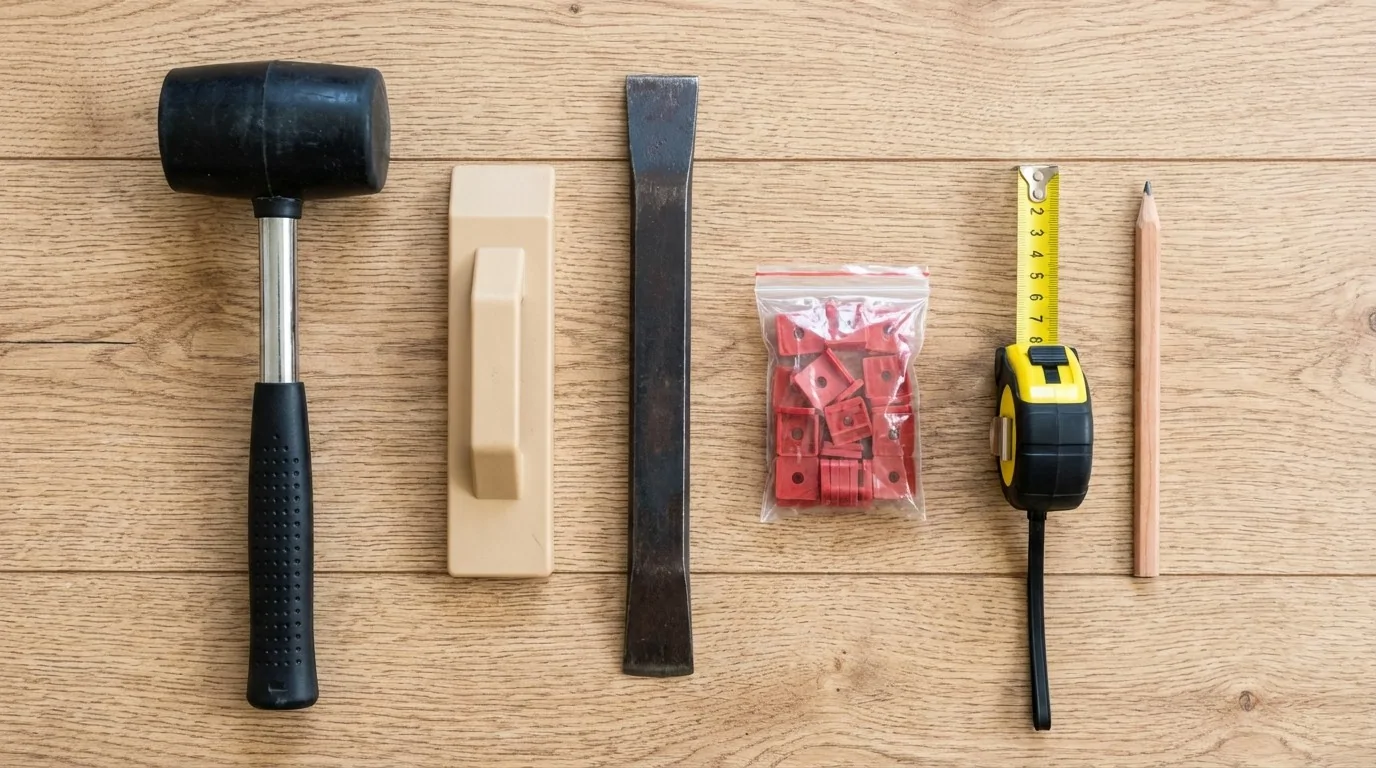 Outils indispensables pose parquet flottant : maillet, cale, tire-lame