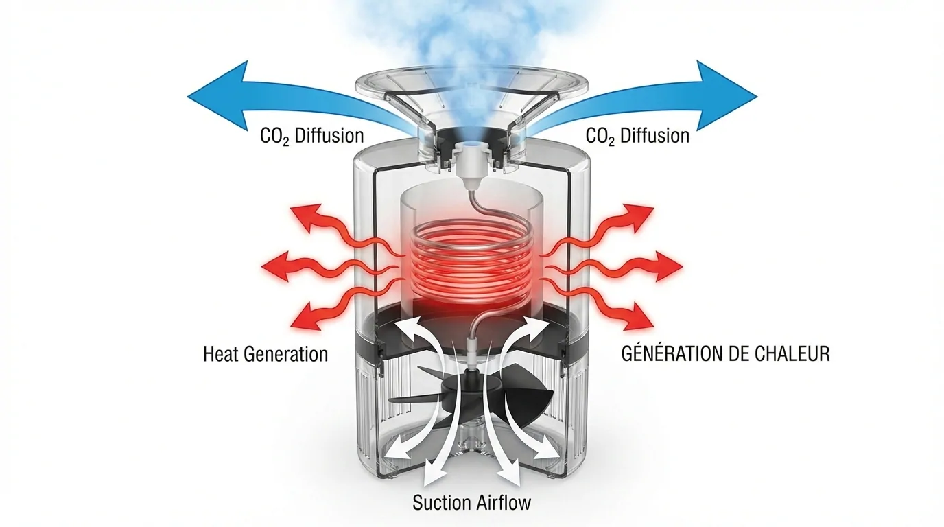 Schéma en coupe d'un piège à moustiques : diffusion de CO2 en haut, résistance chauffante et ventilateur d'aspiration en bas