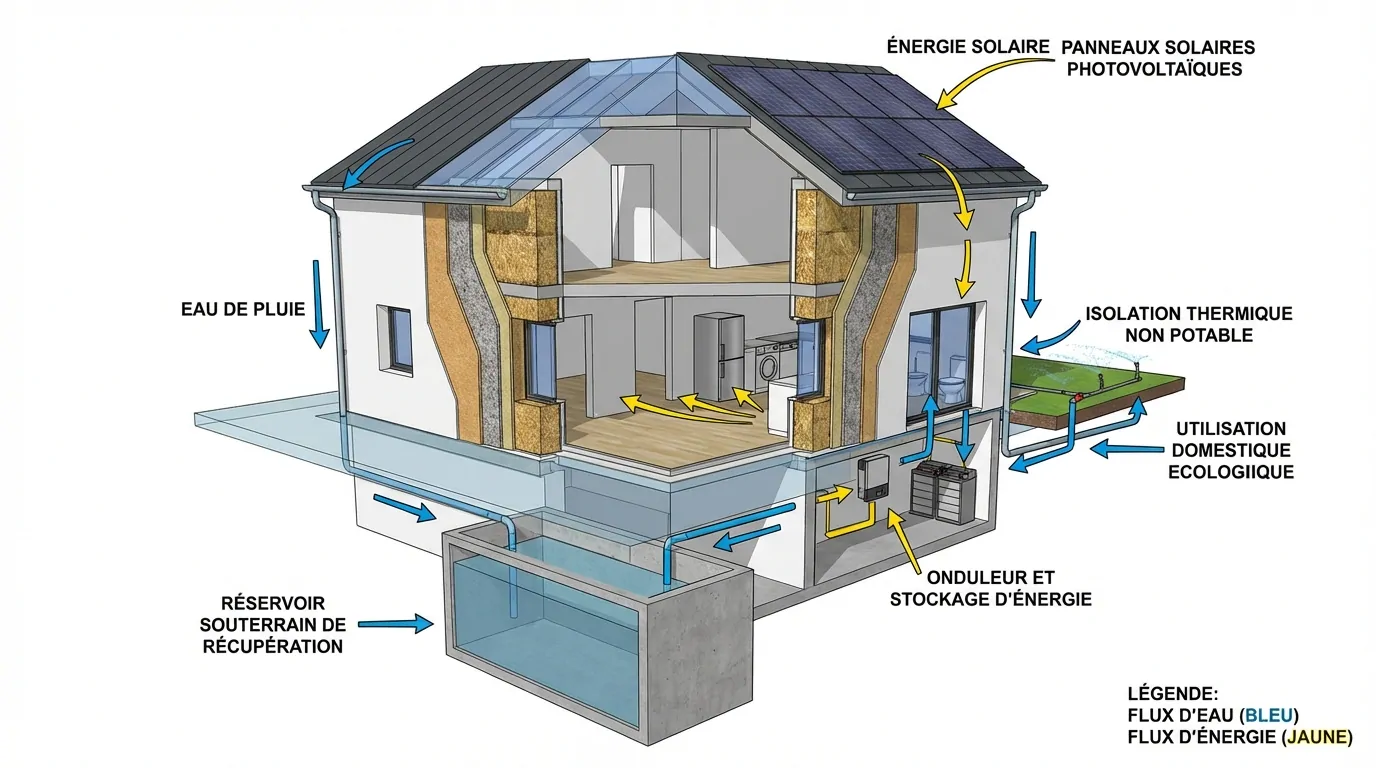 Coupe d'une maison autonome : panneaux photovoltaïques, onduleur et stockage, eau de pluie dirigée vers un réservoir enterré