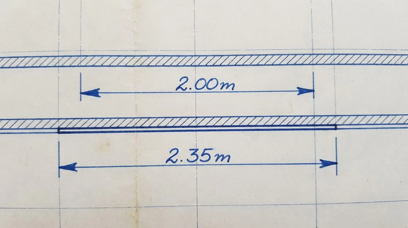 Plan coté comparant deux portées de plafond autoportant : 2,00 m en montant simple et 2,35 m en montants doublés