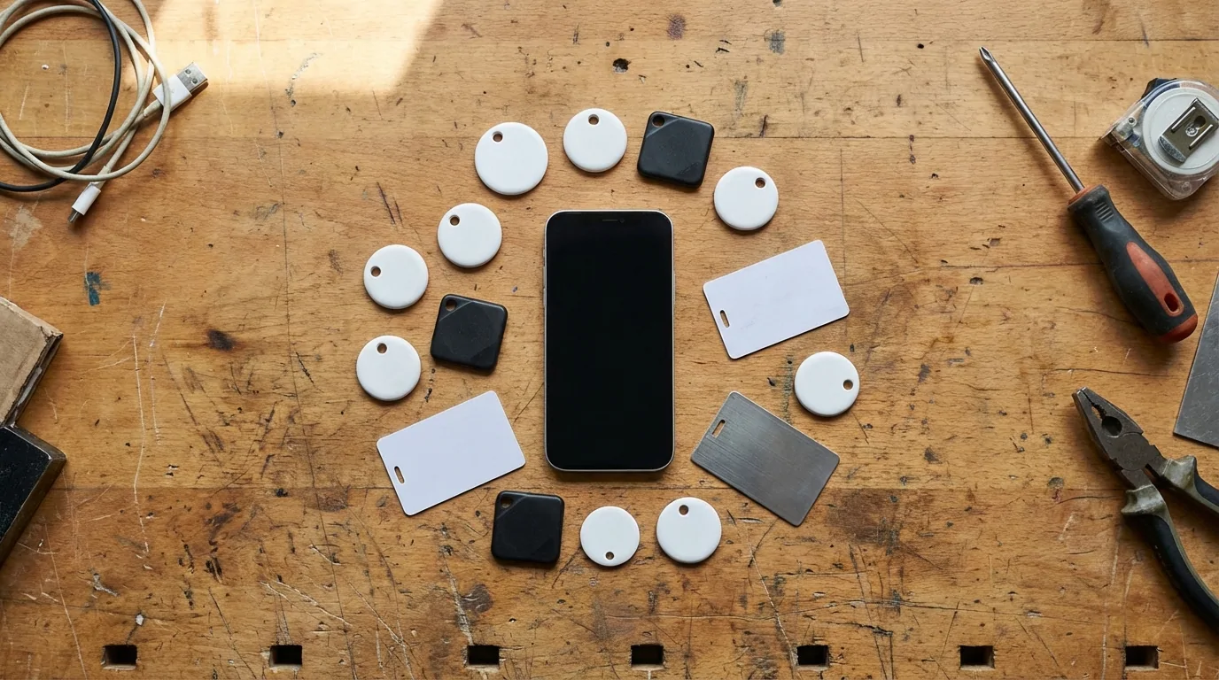 Smartphone entouré de traceurs ronds, carrés et en format carte disposés en cercle sur un établi, à côté d'outils