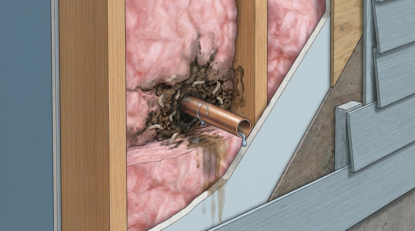 Coupe transversale d'un mur montrant une fuite d'eau et un nid d'insectes caché