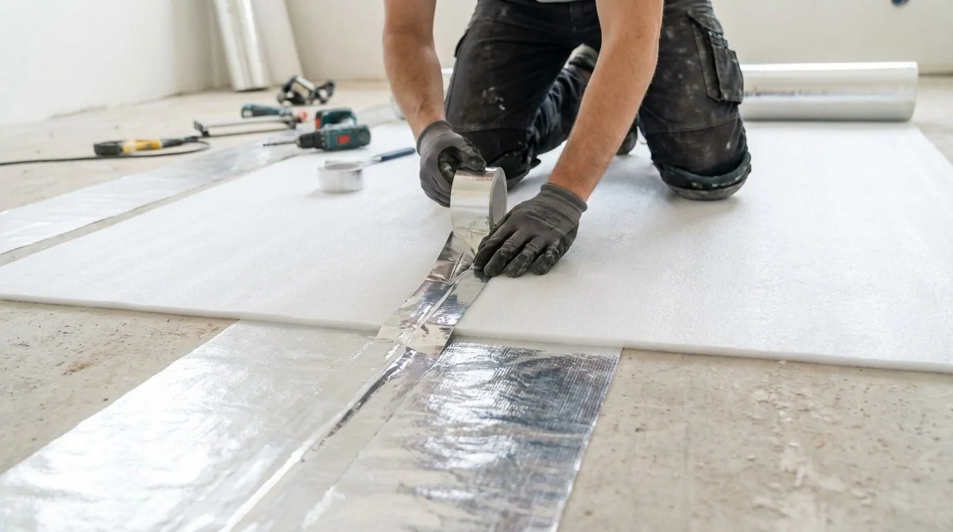 Pose sous-couche parquet avec pare-vapeur sur dalle béton