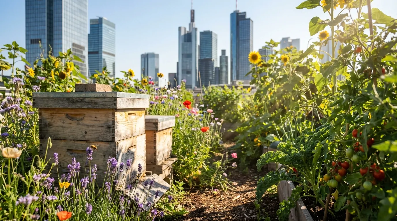Potager sur un toit avec ruches en bois, lavande, tournesols et plants de tomates, face aux gratte-ciel d'un centre-ville
