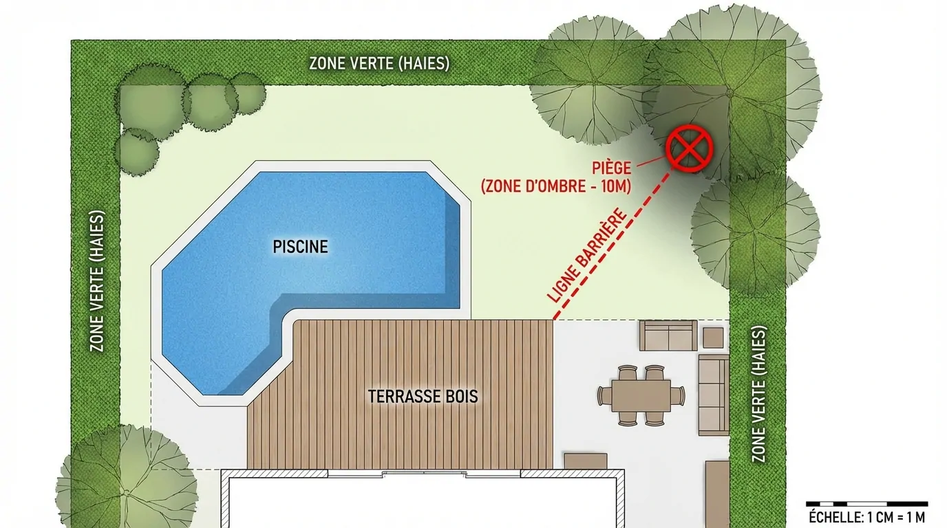 Plan d'un jardin avec piscine et terrasse bois : piège placé dans la zone d'ombre des haies, ligne barrière vers la terrasse