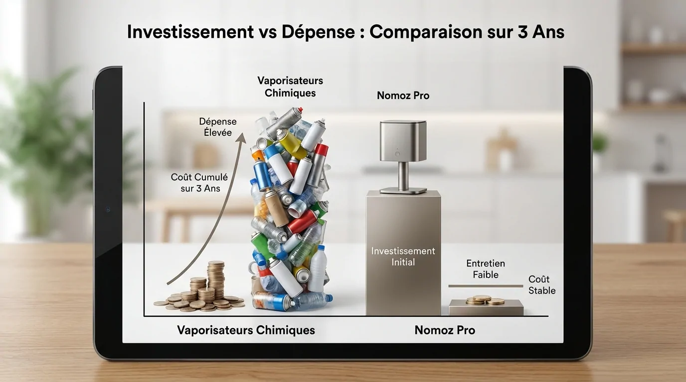 Infographie sur tablette : pile de vaporisateurs chimiques au coût cumulé sur 3 ans face à l'achat unique du Nomoz Pro