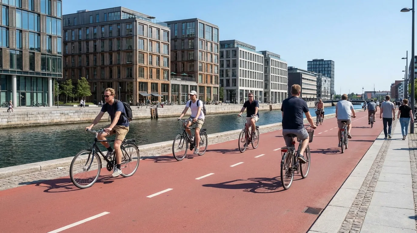 Cyclistes sur une large piste cyclable rouge longeant un canal bordé d'immeubles modernes, à Copenhague