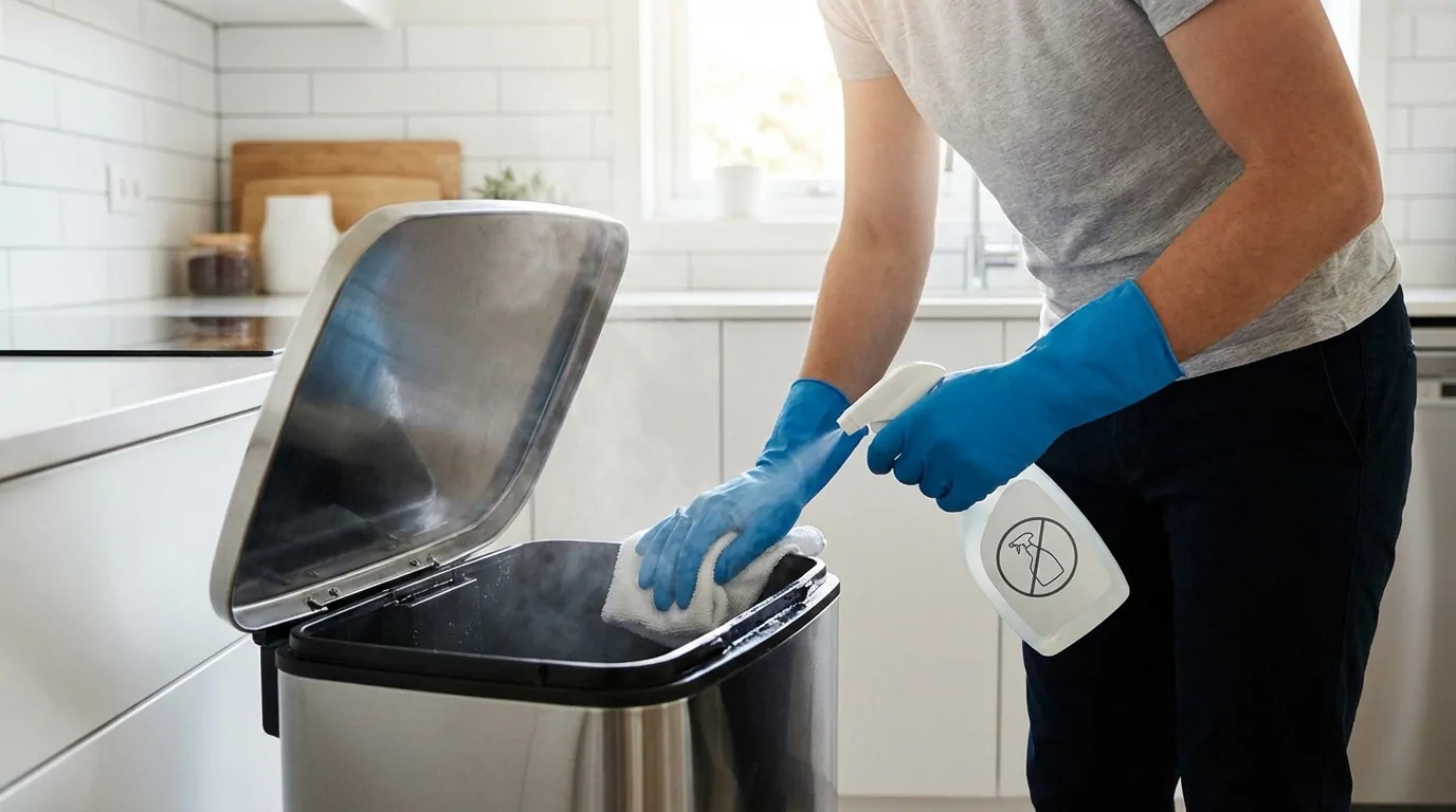 Nettoyage minutieux d'une poubelle de cuisine avec des gants et du désinfectant