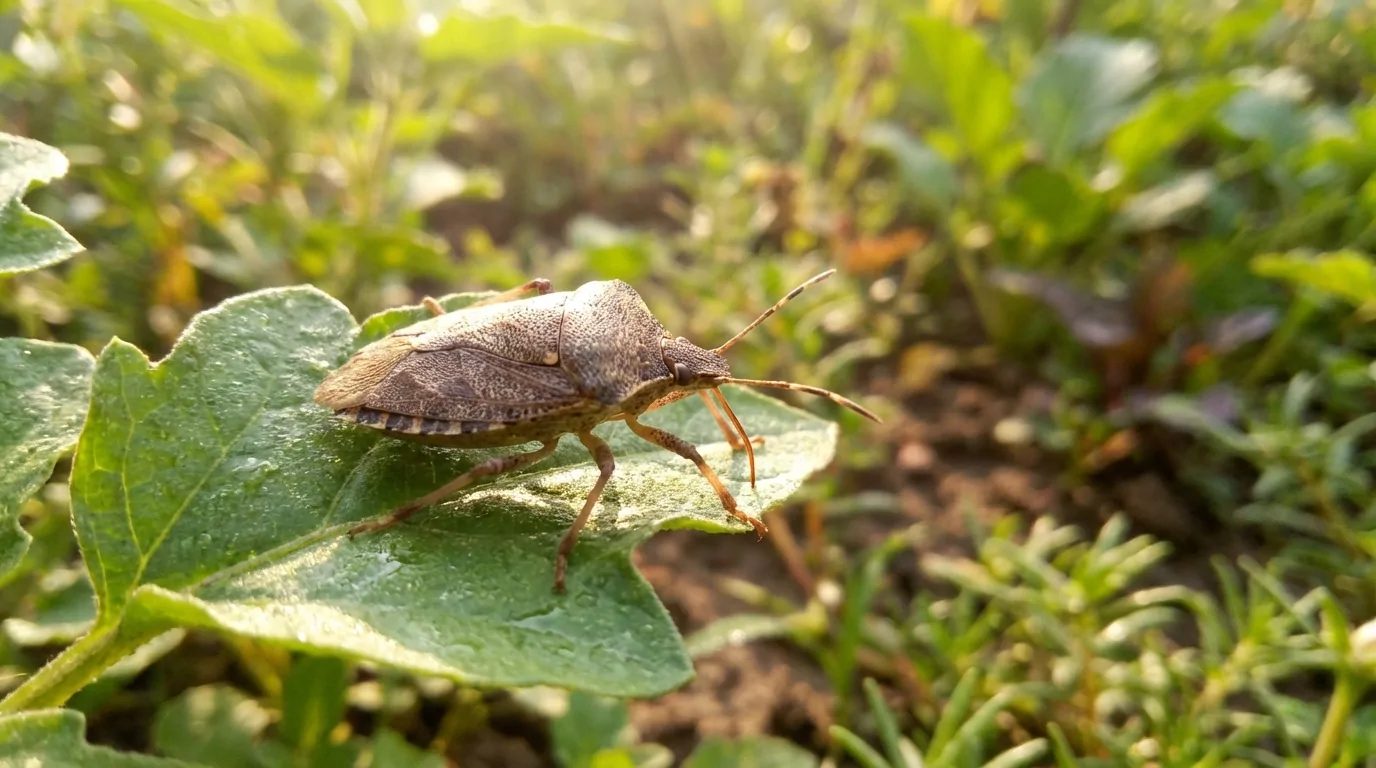 Punaise marron phytophage sur une plante au jardin