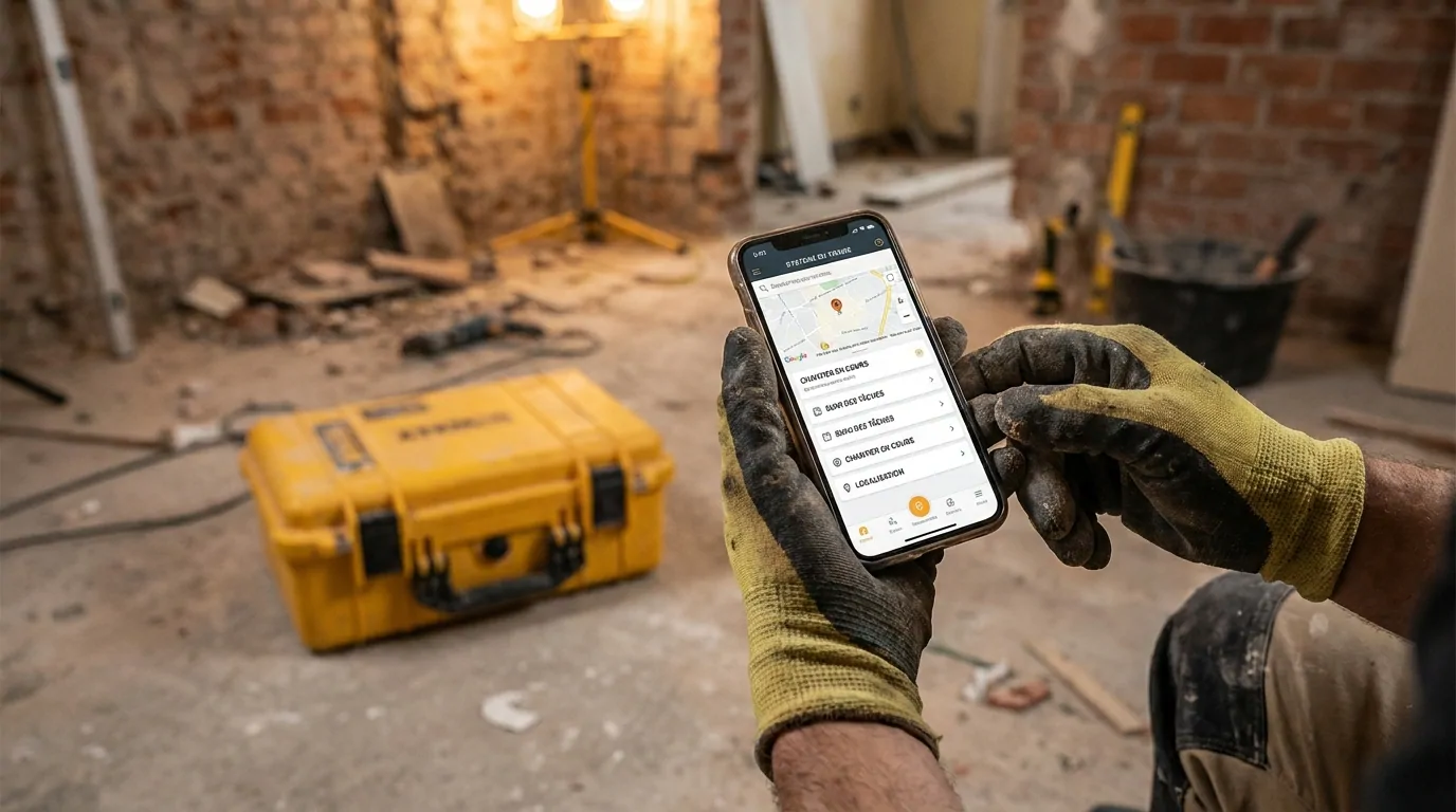 Artisan utilisant une application de localisation pour sécuriser son matériel de chantier