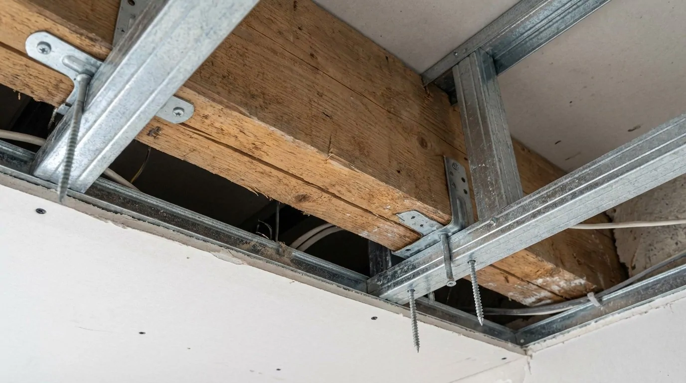 Bastaing en bois intégré à l'ossature métallique d'un faux plafond pour accrocher une charge lourde, vis et équerres visibles