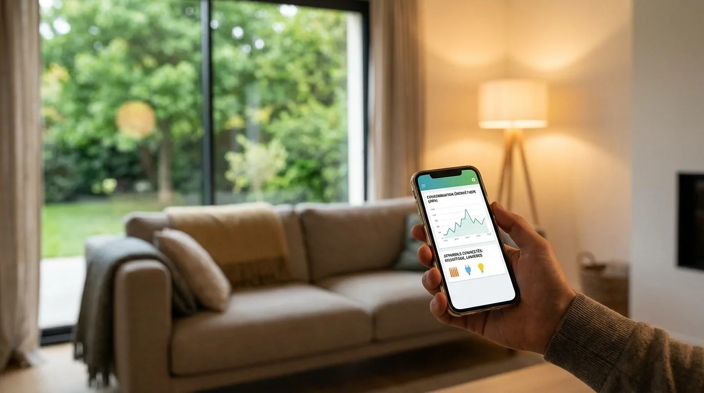Main tenant un smartphone affichant un graphique de consommation d'énergie, dans un salon avec baie vitrée sur le jardin