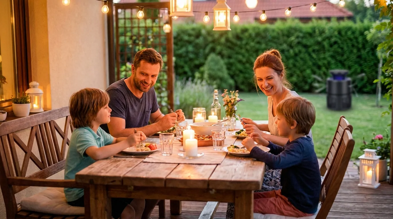 Famille de quatre dînant sur une terrasse en bois sous une guirlande lumineuse, une borne anti-moustique au fond du jardin