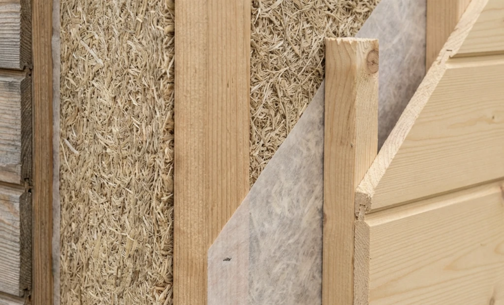 Coupe transversale technique du mur "Écobrique" de Greenkub, montrant l'ossature bois et l'épaisse couche d'isolation en laine de bois.
