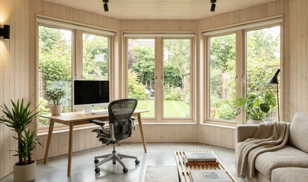 Vue intérieure d'un studio Greenkub aménagé en bureau lumineux, montrant la qualité des finitions et les grandes ouvertures vitrées.
