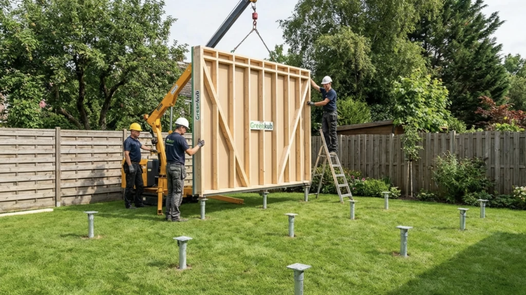 Installation d'un studio de jardin Greenkub par une équipe professionnelle, montrant l'absence de dégradation du terrain grâce aux pieux d'ancrage.
