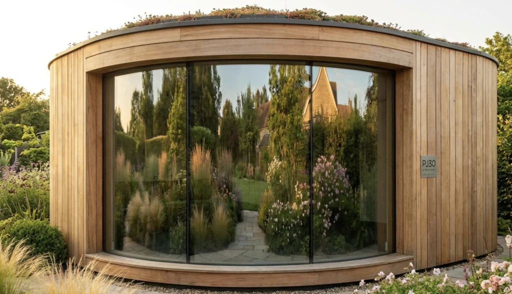 Le modèle design PJ30 de Greenkub, créé en collaboration avec Patrick Jouin, présentant une forme octogonale et des finitions haut de gamme dans un jardin.