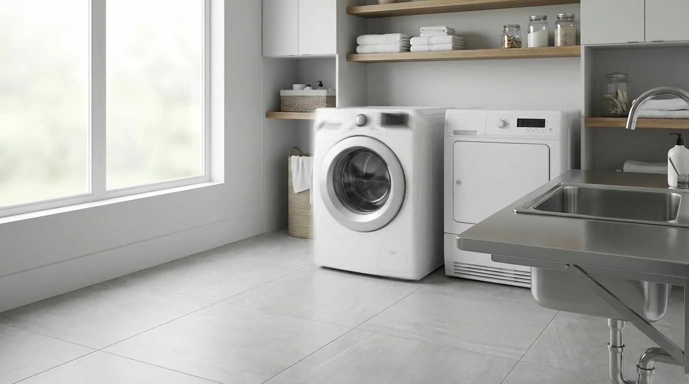 IMG_1-machine-a-laver-bruit-marteau-piqueur-vibrations Lave-linge hublot blanc sur un carrelage gris dans une buanderie claire, à côté d'un sèche-linge et d'un évier inox