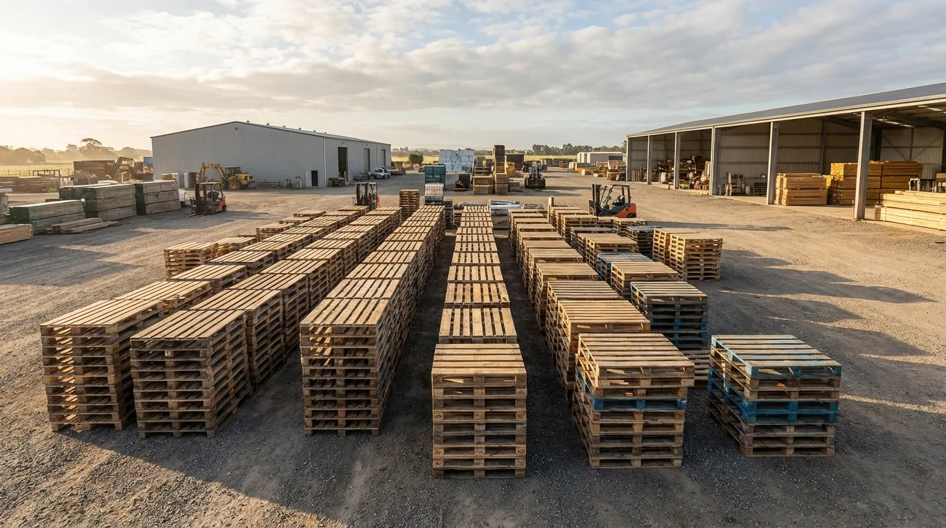 Stock de palettes en bois dans la cour des matériaux d'un magasin de bricolage