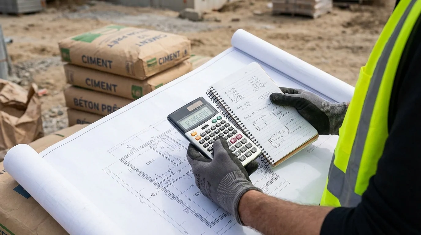 Ouvrier en gilet fluo utilisant une calculatrice au-dessus d'un plan, devant des sacs de ciment et de béton prêt à l'emploi