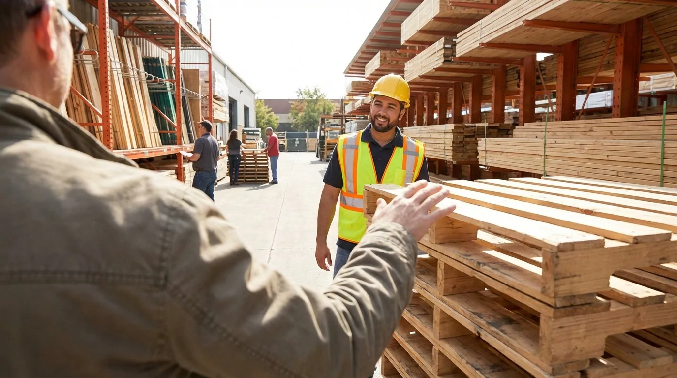 Client posant la main sur une pile de palettes en discutant avec un employé en gilet jaune et casque, dans une cour à bois