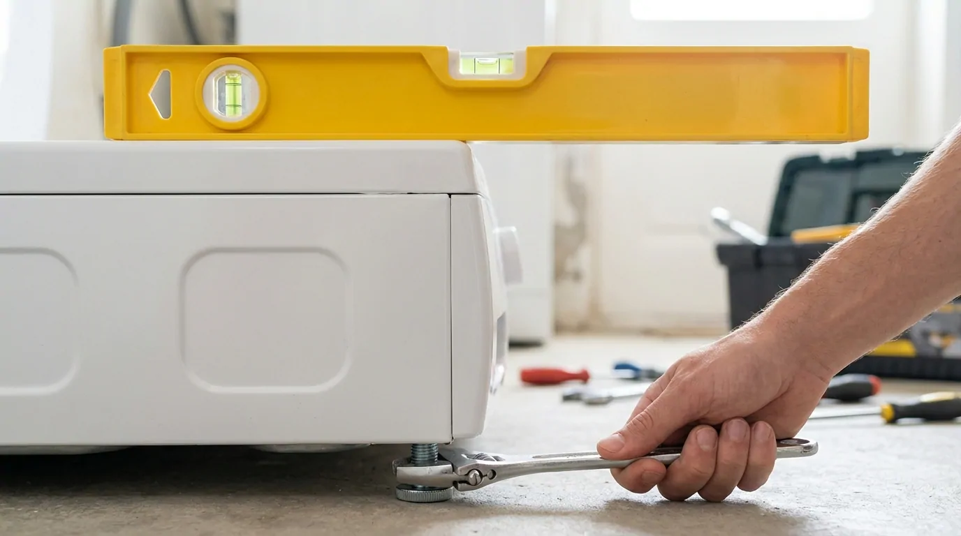 Réglage des pieds de la machine à laver avec un niveau à bulle
