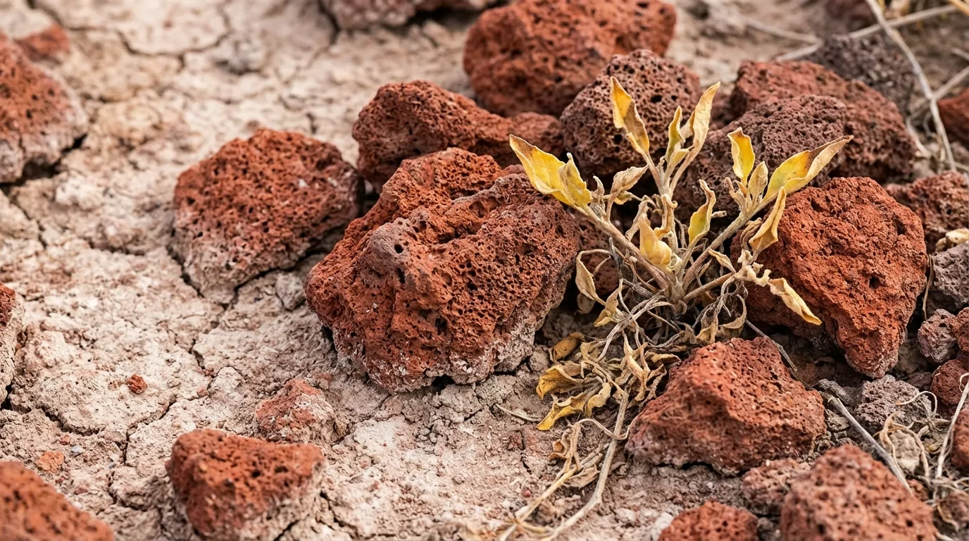 Plante jaunie et desséchée entre des blocs de pouzzolane rouge, sur une terre craquelée par la sécheresse