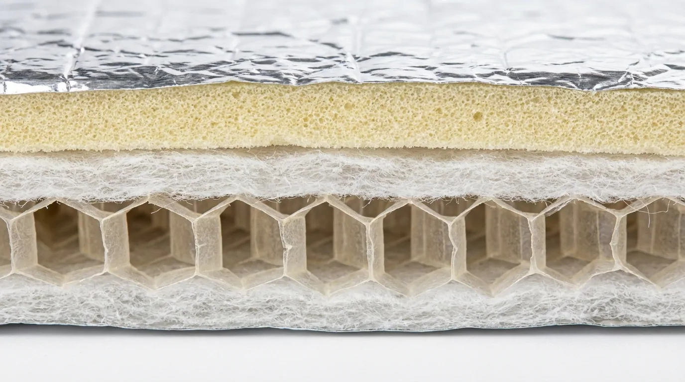 Coupe d'un isolant mince multicouche : film aluminium, mousse jaune, ouate blanche et couche alvéolaire en nid d'abeille