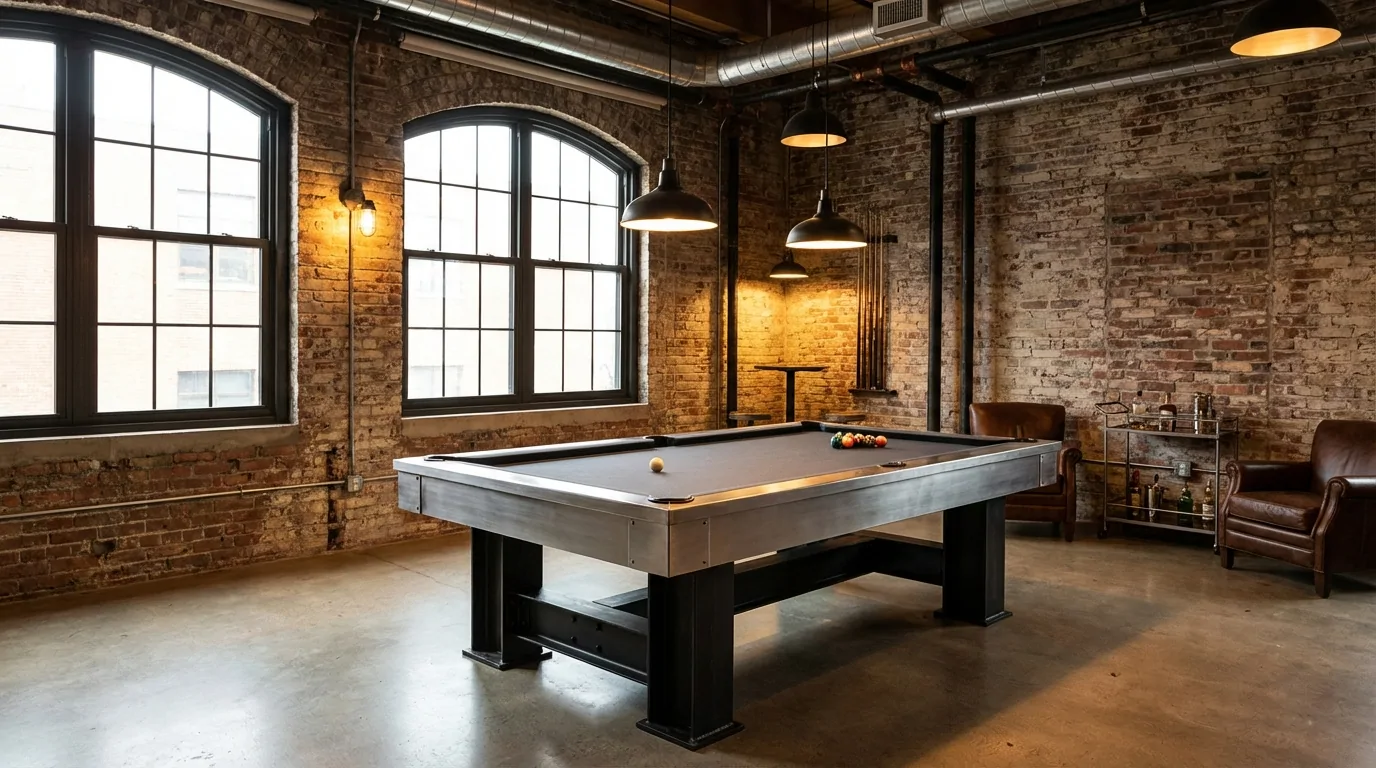Billard convertible style industriel avec pieds métal et drap gris