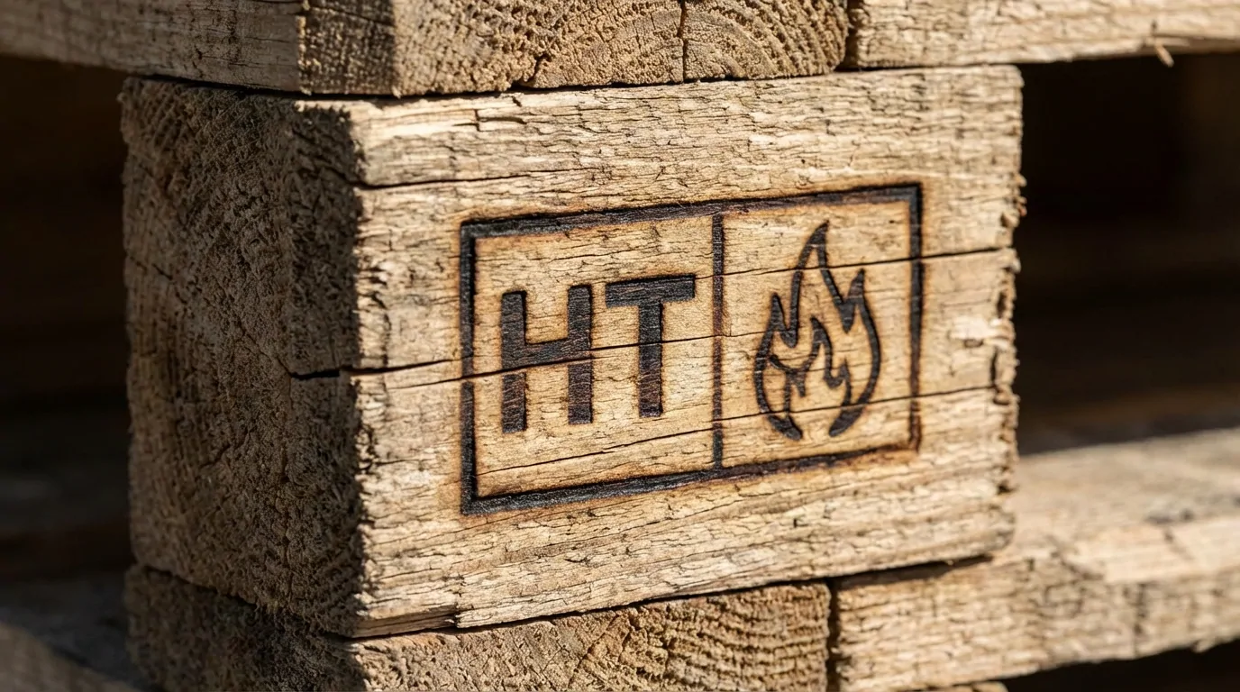 Gros plan sur le marquage HT d'une palette en bois garantissant sa sécurité