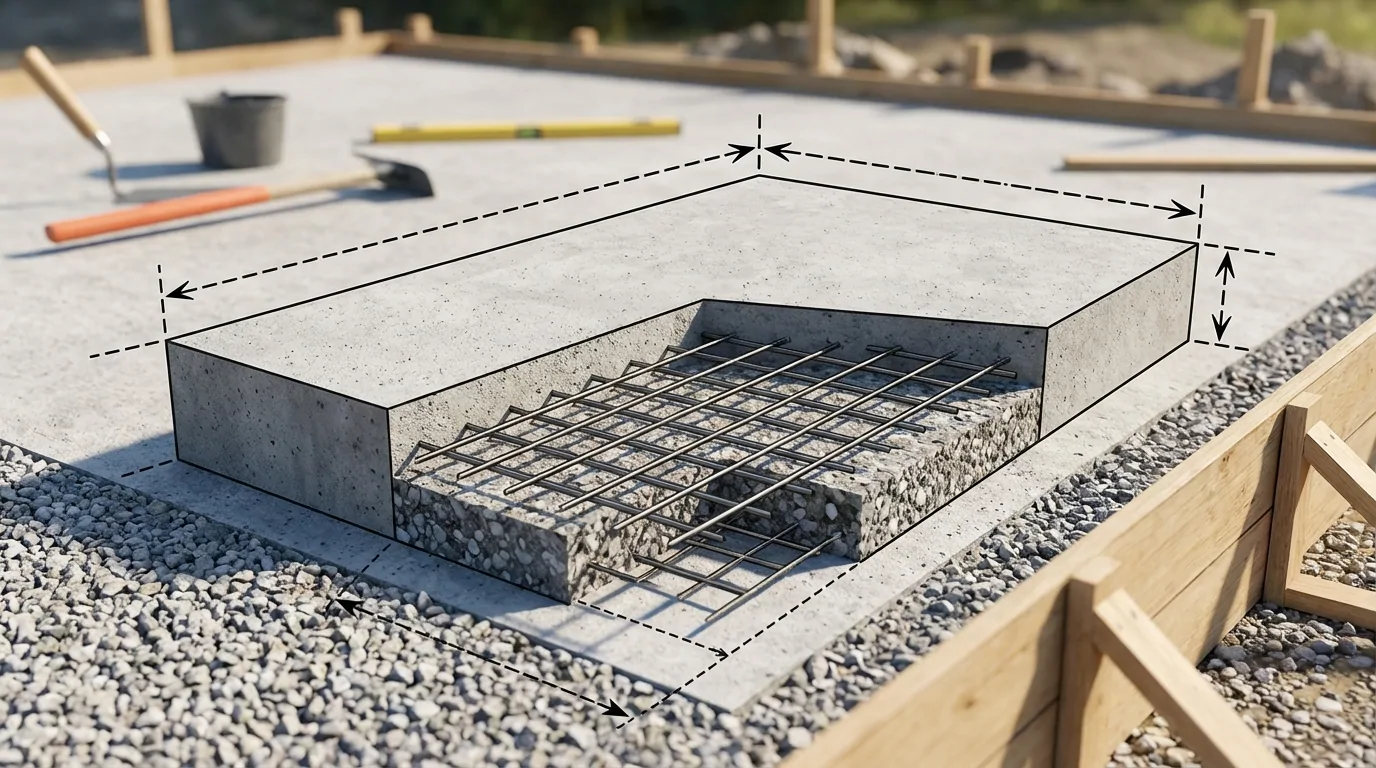 Dalle béton en coupe sur lit de gravier, avec treillis soudé et flèches de cote pour longueur, largeur et épaisseur