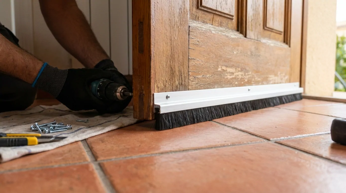 Mains gantées vissant à la perceuse un bas de porte à brosse en aluminium sur une porte en bois, au-dessus d'un carrelage