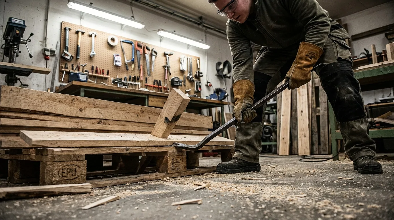 Démontage d'une palette en bois avec un pied-de-biche et des gants de protection