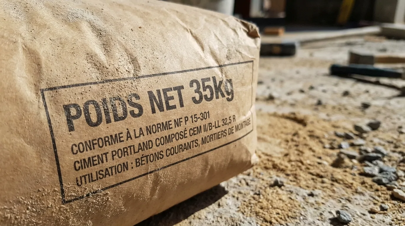 Sac en papier kraft de ciment Portland CEM II/B-LL 32,5 R de 35 kg posé sur un chantier, avec la mention bétons courants