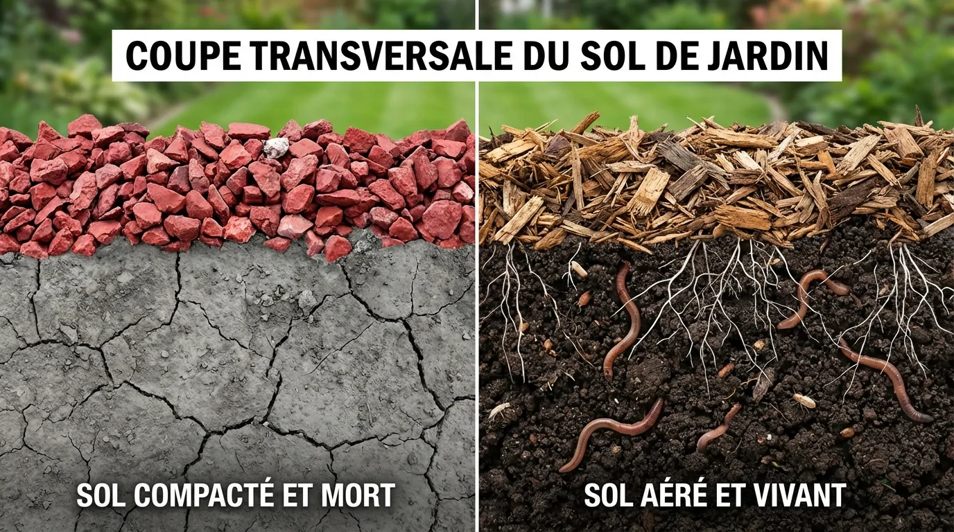 Coupe du sol comparant une terre compactée sans vie sous la pouzzolane et un sol aéré, plein de vers, sous un paillis de bois