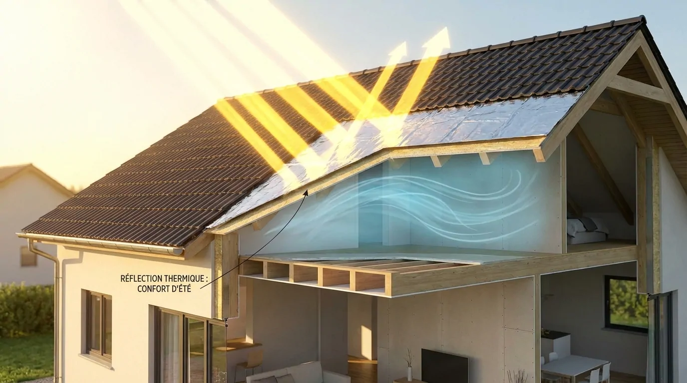 Maison en coupe : rayons du soleil renvoyés par l'isolant réfléchissant sous la toiture, combles gardés au frais en été