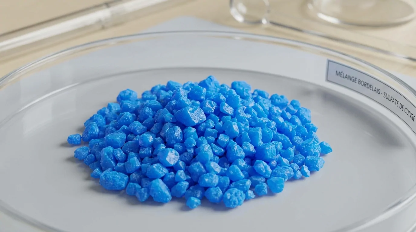 Cristaux bleus de sulfate de cuivre dans une boîte de Petri étiquetée mélange bordelais